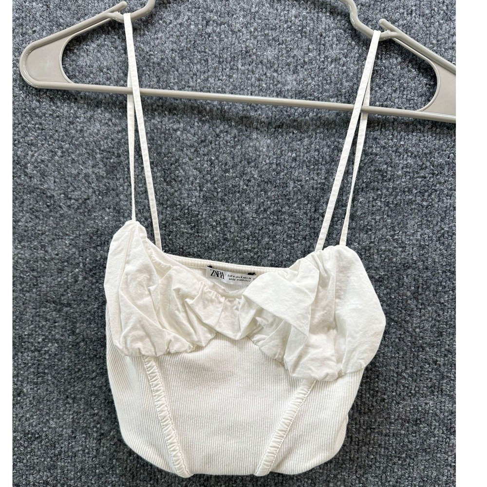 Zara Women White Ribbed Corset Camisole Ruffle Sweetheart Crop Top Small